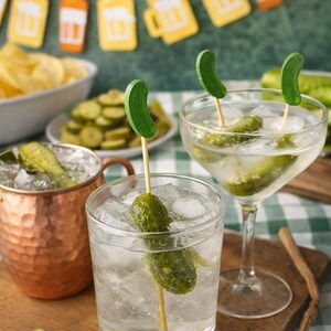 May include: A set of green pickle-shaped wooden cocktail picks featuring a small, curved pickle topper on a thin wooden skewer. These decorative picks are shown inserted into clear glass tumblers filled with ice and liquid, garnished with whole pickles.