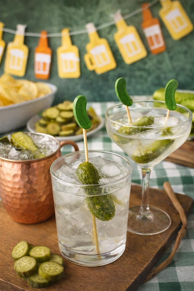 May include: A set of green pickle-shaped wooden cocktail picks featuring a small, curved pickle topper on a thin wooden skewer. These decorative picks are shown inserted into clear glass tumblers filled with ice and liquid, garnished with whole pickles.
