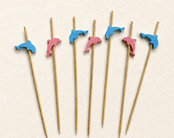 Pink Blue Dolphin Cocktail Picks, Bamboo Appetizer Skewers, Beach Party Drink Garnish