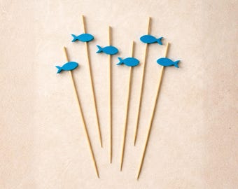 Palillos para cóctel con forma de pez, decoración de bambú para fiestas oceánicas
