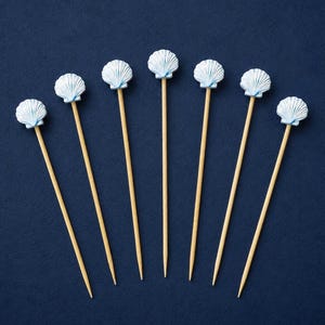Light Blue Shell Cocktail Picks, Coastal Appetizer Picks, Seashell Drink Garnish Sticks