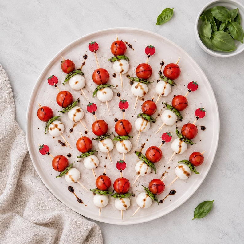 May include: A large round platter holds multiple skewers, each featuring a red cherry tomato, a fresh green basil leaf, and a white mozzarella ball. Each wooden skewer is topped with a small red tomato-shaped decorative pick.