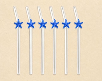 Blue Starfish Glass Straws, Reusable Coastal Drinking Straws with Cleaning Brush