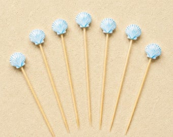 Light Blue Shell Cocktail Picks, Coastal Appetizer Picks, Seashell Drink Garnish Sticks