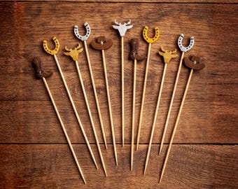 Western Cowboy Cocktail Picks, Cowboy Hat, Boot & Horseshoe Bamboo Picks, Rustic Party Appetizer Sticks