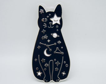 Cosmic cat hard enamel pin brooch, dark blue and silver