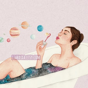 May include: A woman in a bathtub blows bubbles with a wand. The bubbles are filled with planets and stars. The bathtub is filled with a galaxy-like water. The text "stardíxal.etsy.com" is visible in the bottom left corner.