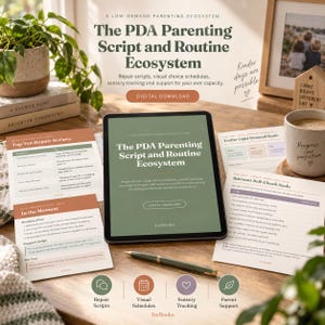 May include: A digital tablet displaying The PDA Parenting Script and Routine Ecosystem, surrounded by printed resource sheets including a Burnout Self-Check Scale, Top Ten Repair Scripts, and a Traffic-Light Demand Scale, with a pen resting nearby.