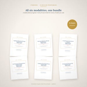 Op de afbeelding: Een bundel van zes witte printbare vellen getiteld IYebooks Clinician Printables, met voortgangsnotitie-frasebladen voor cognitieve gedragstherapie, dialectische gedragstherapie, acceptance and commitment therapy, EMDR, cognitieve verwerkingstherapie en motiverende gespreksvoering.