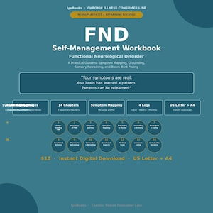 Może przedstawiać: Cyfrowy skoroszyt w kolorze morskim zatytułowany FND Self-Management Workbook dla zaburzeń neurologicznych. Zawiera 14 rozdziałów, mapowanie objawów i dzienniki. Tekst brzmi: Your symptoms are real. Your brain has learned a pattern. Patterns can be relearned.