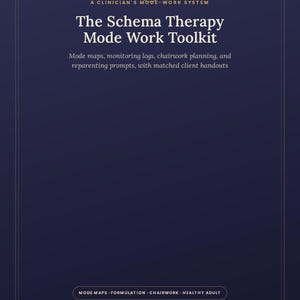 May include: A dark blue book cover titled The Schema Therapy Mode Work Toolkit, A Clinician's Mode-Work System. Subtitle: Mode maps, monitoring logs, chairwork planning, and reparenting prompts, with matched client handouts. Bottom text: IYEBOOKS.
