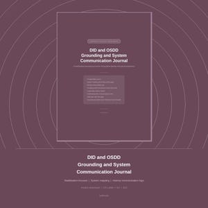 Könnte beinhalten: Ein dunkel-mauvefarbenes digitales Journal mit dem Titel DID and OSDD Grounding and System Communication Journal. Das Cover enthält weißen Text, der Inhalte wie System-Mapping, Kommunikationsprotokolle und Erdungswerkzeuge für dissoziative Identität beschreibt.