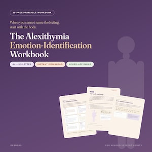 May include: A 35-page printable workbook titled The Alexithymia Emotion-Identification Workbook. The purple cover features text including When you cannot name the feeling, start with the body, A4 + US Letter, Instant Download, and Neuro-Affirming.