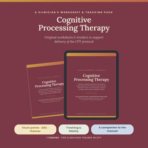 May include: A maroon Cognitive Processing Therapy clinician's worksheet and tracking pack featuring a digital tablet display and a paper document. Text includes "Stuck points, ABC, themes," "Tracking & fidelity," and "A companion to the manual."