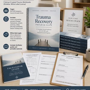 May include: A collection of workbooks and guides titled "Trauma Recovery Program Suite." The suite includes a workbook, facilitator guide, worksheets, and a safety planning worksheet. The cover of the main workbook features a lake scene with a pier.
