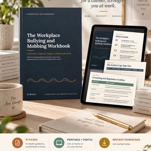 May include: A dark blue workbook titled The Workplace Bullying and Mobbing Workbook, a tablet displaying digital pages of the same guide, a beige notebook, and a gold pen. The workbook cover features yellow and blue wave lines and white text.