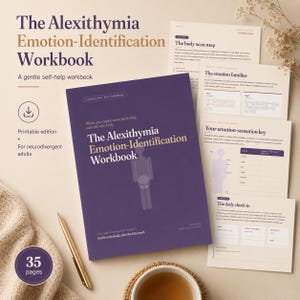 May include: A purple workbook titled The Alexithymia Emotion-Identification Workbook with a light purple human figure outline on the cover. Several white pages with black text and diagrams are fanned out behind the main workbook cover.