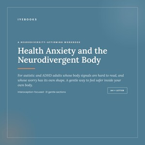 May include: A blue workbook titled Health Anxiety and the Neurodivergent Body by IYEBOOKS. The cover features white text, an orange horizontal line, and the subtitle: For autistic and ADHD adults whose body signals are hard to read. Includes A4 + LETTER.