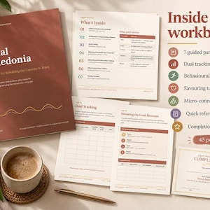 Puede incluir: Un libro de ejercicios de autoayuda Social Anhedonia con cubierta marrón, que muestra páginas interiores con tablas de seguimiento, un certificado de finalización, una taza de café y un bolígrafo, junto a una lista de siete características.