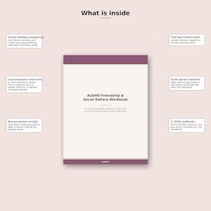 May include: A rectangular workbook titled AuDHD Friendship & Social Battery Workbook with a cream cover and dark purple borders. Text boxes surround the book detailing contents like social battery budgeting, check-ins, and scripts for adults.