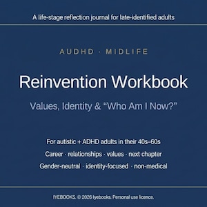 May include: A dark blue workbook cover titled Reinvention Workbook, with the subtitle Values, Identity & Who Am I Now? It includes text for AuDHD Midlife, for autistic and ADHD adults in their 40s-60s, and lists career, relationships, values, and next chapter.