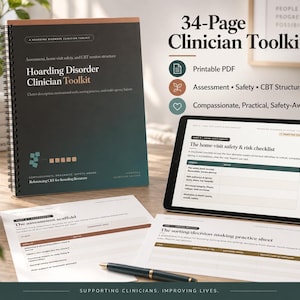 May include: A 34-page Hoarding Disorder Clinician Toolkit spiral-bound manual, a tablet displaying a home-visit safety checklist, and two printed assessment sheets. The materials feature text, tables, and icons on a wooden surface with a pen.