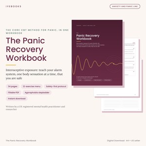 May include: The Panic Recovery Workbook is a 34-page digital guide featuring a dark purple cover with a yellow wave graphic. It includes a 12-exercise menu, safety-first protocol, and agoraphobia stepladder, designed for interoceptive exposure.