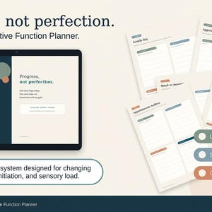 Può includere: L'AuDHD Executive Function Planner, un sistema digitale e stampabile con il testo Progress, not perfection. Include molteplici layout di pagina per la gestione delle attività, il monitoraggio della capacità e i buffer di transizione.