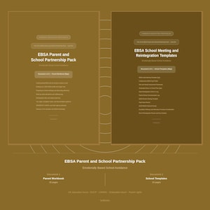 May include: Two rectangular documents in olive green with white text. The left document is titled EBSA Parent and School Partnership Pack, and the right is EBSA School Meeting and Reintegration Templates. Below, the text lists two documents.