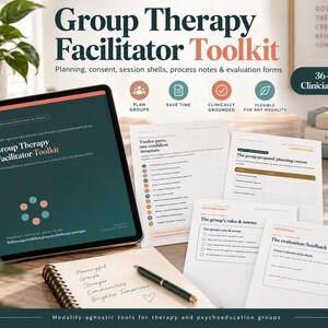 Kit de herramientas para facilitadores de terapia grupal / Planificador curricular, consentimiento y reglas grupales, notas del proceso, plantillas de sesión y formularios de evaluación.