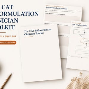 Op de afbeelding: De CAT Reformulation Clinician Toolkit, een invulbaar PDF-document van 32 pagina's. De set bevat een titelpagina, een sjabloon voor een herformuleringsbrief en een SDR-sjabloon met stroomdiagrammen, allemaal met donkerblauwe tekst.
