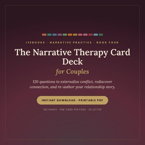 Op de afbeelding: Een digitaal kaartspel getiteld The Narrative Therapy Card Deck for Couples van IYebooks. De bordeauxrode afbeelding bevat 120 vragen om conflicten te externaliseren, 162 pagina's, en is een printbare PDF in US Letter-formaat met gekleurde vierkantjes.
