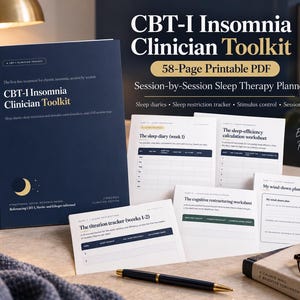 May include: A CBT-I Insomnia Clinician Toolkit 58-page printable PDF session-by-session sleep therapy planner. The set includes a dark blue binder, various worksheets like a sleep diary, titration tracker, and wind-down plan, a pen, and glasses.