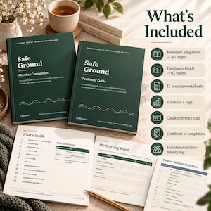 Könnte beinhalten: Zwei dunkelgrüne Bücher mit dem Titel Safe Ground, ein Mitgliedsbegleiter und ein Anleitungsbuch, neben offenen Seiten mit Sitzungslisten, Trackern und einer Liste der enthaltenen Materialien wie einem 46- und 62-seitigen Handbuch.