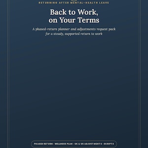 Może przedstawiać: Ciemnoniebieska okładka planera ze złotym tekstem: Returning After Mental-Health Leave, Back to Work, on Your Terms, A phased-return planner and adjustments request pack for a steady, supported return to work, Phased Return, Wellness Plan, UK & US Adjustments, Scripts oraz IYEBOOKS.