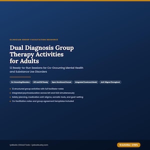Könnte beinhalten: Eine digitale Ressource mit dem Titel Dual Diagnosis Group Therapy Activities for Adults, die 12 einsatzbereite Sitzungen für komorbide Störungen bietet, inklusive Anleitungen für Moderatoren, Psychoedukation und Vorlagen für Gruppenvereinbarungen.