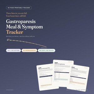 Puede incluir: Un rastreador de comidas y síntomas de gastroparesia de 40 páginas imprimibles sobre un fondo azul oscuro. El documento incluye 23 hojas de trabajo en tamaños A4 y US Letter. Se muestran tres páginas con un registro diario y un mapa.
