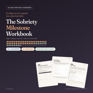 May include: A 40-page printable workbook titled The Sobriety Milestone Workbook with text including No higher power required. Just a plan that holds. Features trigger mapping, urge tools, and a relapse prevention plan with 21 exercises in A4 and US Letter sizes.