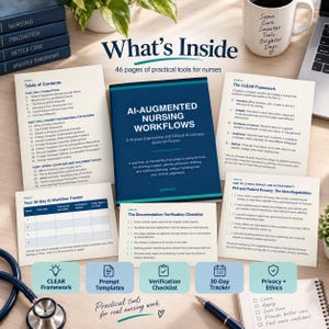 Pode incluir: Um livro azul intitulado AI-Augmented Nursing Workflows rodeado por várias páginas impressas, incluindo um índice, a estrutura CLEAR, um rastreador de fluxo de trabalho de 30 dias e uma lista de verificação para enfermeiros.