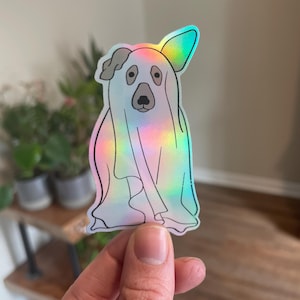 Niedlicher Geisterhund Aufkleber - groß, 4 Zoll, gruselige Ästhetik | Holographisch oder Glänzend | Wasserdichter Vinyl-Geist-Aufkleber für Laptop, Wasserflasche, Planer