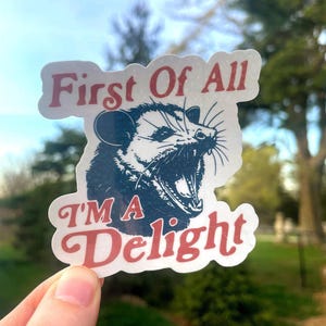 Tout d'abord, je suis un délice - Sticker opossum | Décalcomanie en vinyle drôle d'opossum | Esthétique animale mignonne de poubelle