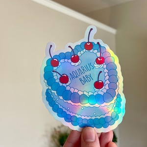 autocollant holographique Verseau | Esthétique gâteau vintage | Sticker bébé prénom du zodiaque | autocollant d'astrologie | Autocollant en vinyle | Cadeau d'anniversaire