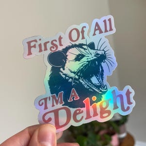 Tout d'abord, je suis un délice - Sticker opossum | Décalcomanie en vinyle drôle d'opossum | Esthétique animale mignonne de poubelle