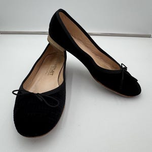 MERLET Paris Black Velvet Ballet Flats Bow Leather Sole Womens EU 36 Handmade France