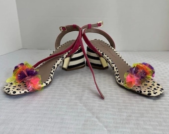 Betsey Johnson Size 7 Leopard Print Heels Neon Floral Ankle Strap Sandals