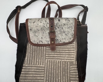 Myra Bag Hair on Hide Leather Canvas Backpack Crossbody Tote  display picture 2