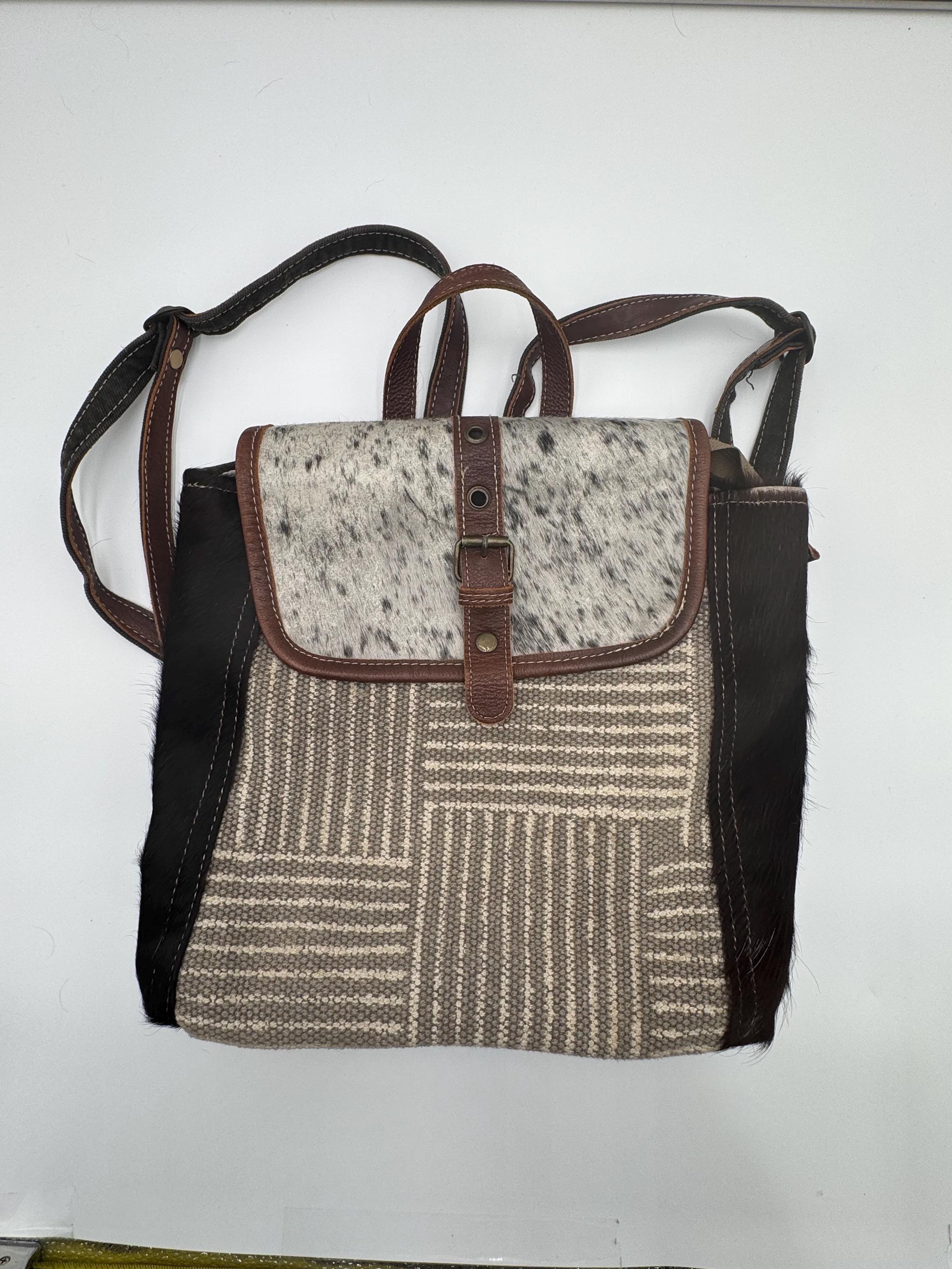Myra Bag Hair on Hide Leather Canvas Backpack Crossbody Tote 