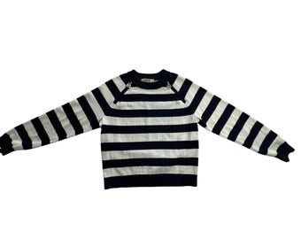 Michael Kors Navy Cream Striped Sweater Gold Logo Zip Shoulder Size M
