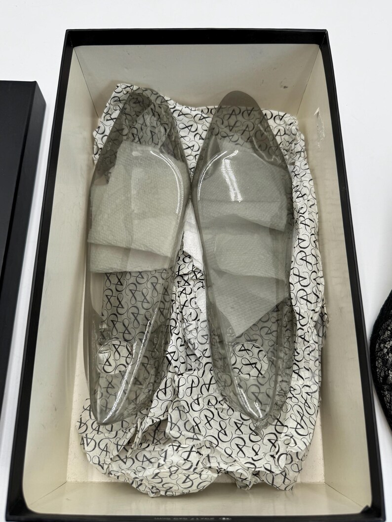 K&ouml;nnte beinhalten: Ein Paar transparente Schuhe mit spitzer Zehenpartie in einer schwarzen Box. Die Schuhe bestehen aus transparentem Material und sind mit wei&szlig;em Seidenpapier gef&uuml;llt. Die Box ist mit gemustertem Papier mit sich wiederholendem Design ausgekleidet.