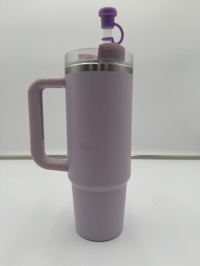 Op de afbeelding: Een lavendelkleurige ge&iuml;soleerde beker met een handvat en een doorzichtig deksel. De beker heeft een paarse flip-top deksel en een bijpassend handvat. De beker is ontworpen om dranken koud of warm te houden. De beker is ongeveer 25 cm hoog.